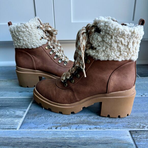 Circus Sam Edelman Brown Combat Boots Warm Faux Fur Rubber Sole Lace and Zip Up - Picture 3 of 8